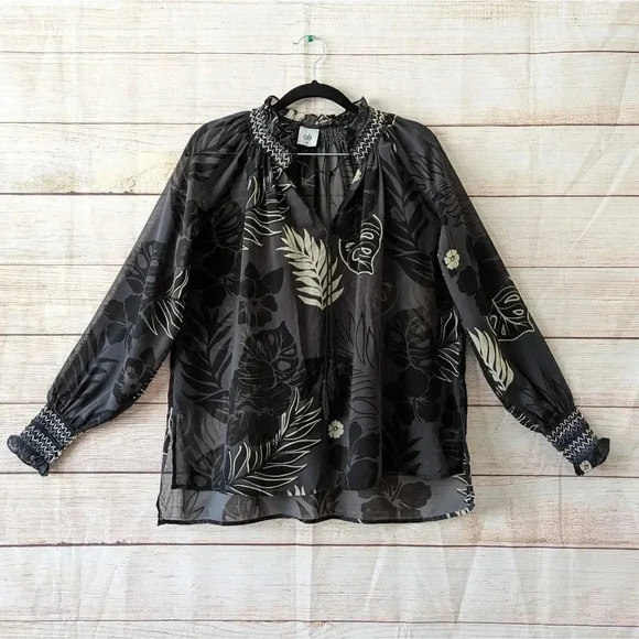 Cabi Size XS Aloha Blouse Sheer Tropical Gray Peasant Style Smocked Top # 5597. - Picture 1 of 13
